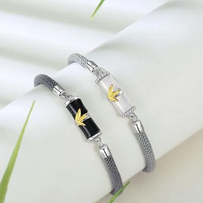 Lắc Tay Bạc đôi đính đá Chalcedony, Obsidian Cây Trúc Willa LILI 103785 3