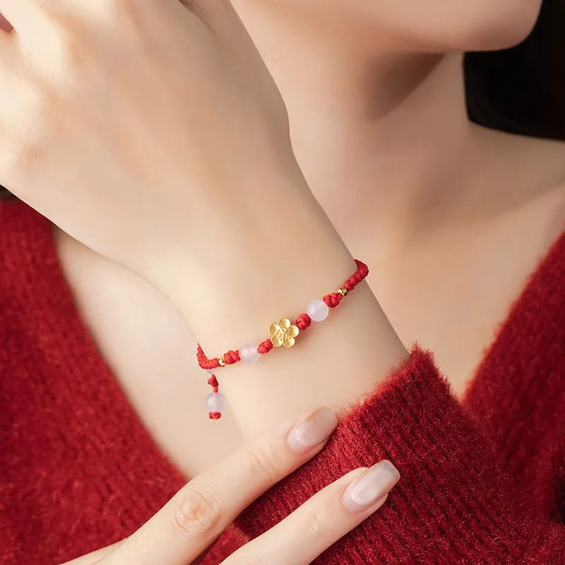 Lắc Tay Bạc Nữ Chỉ đỏ đính Ngọc Bích Hetian Hoa Mai Vàng Kiara LILI 103162 2