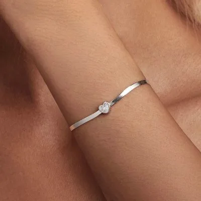 Lắc Tay Bạc Nữ Dây Mì đính đá CZ Hình Trái Tim Skyler LILI 104552 2