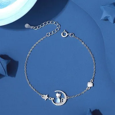Lắc Tay Bạc Nữ đính đá CZ Mèo Nhỏ Và Mặt Trăng Haven LILI 103352 1