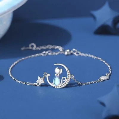 Lắc Tay Bạc Nữ đính đá CZ Mèo Nhỏ Và Mặt Trăng Haven LILI 103352 4