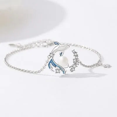 Lắc Tay Bạc Nữ đính đá CZ, Ngọc Trai Hình Cá Voi Cleo LILI 096470 1