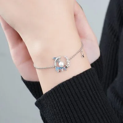 Lắc Tay Bạc Nữ đính đá CZ, Ngọc Trai Hình Cá Voi Cleo LILI 096470 4