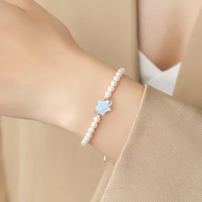 Lắc Tay Bạc Nữ đính đá CZ, Ngọc Trai Ngôi Sao May Mắn Dakota LILI 103212 2