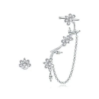 Bông Tai Bạc Nữ Bất đôi Xứng đính đá CZ Hoa Moshang LILI 106834 1