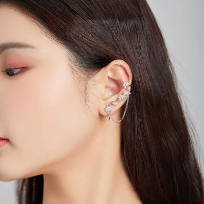 Bông Tai Bạc Nữ Bất đôi Xứng đính đá CZ Hoa Moshang LILI 106834 2