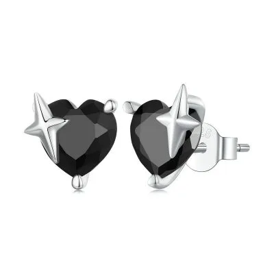 Bông Tai Bạc Nữ đính đá CZ Black Heart Chana LILI 106727 1