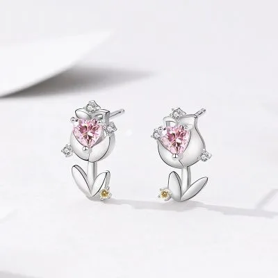 Bông Tai Bạc Nữ đính đá CZ Hình Hoa Tulip LILI 106584 1