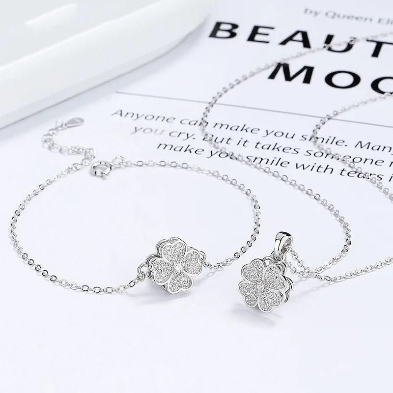 Dây Chuyền Bạc Nữ đính đá CZ Hình Cỏ 4 Lá Xoay Tròn Milena LILI 105831 1