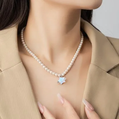 Dây Chuyền Bạc Nữ đính đá CZ, Ngọc Trai Ngôi Sao May Mắn Kori LILI 105594 2