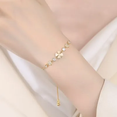 Lắc Tay Bạc Nữ Dây Rút đính đá CZ Cỏ 4 Lá May Mắn Amina LILI 115896 2