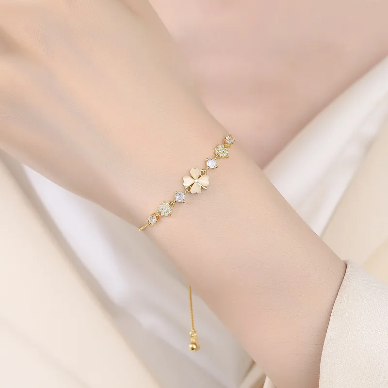 Lắc Tay Bạc Nữ Dây Rút đính đá CZ Cỏ 4 Lá May Mắn Amina LILI 115896 2