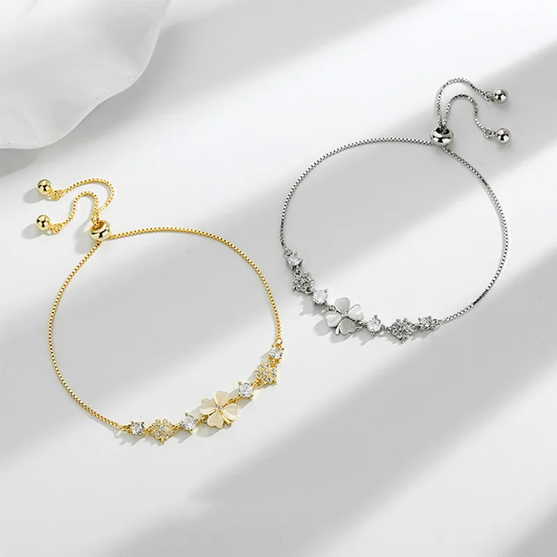 Lắc Tay Bạc Nữ Dây Rút đính đá CZ Cỏ 4 Lá May Mắn Amina LILI 115896 3