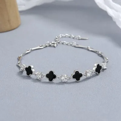 Lắc Tay Bạc Nữ đính đá CZ, Mã Não Hình Cỏ Lá Vera LILI 449223 24