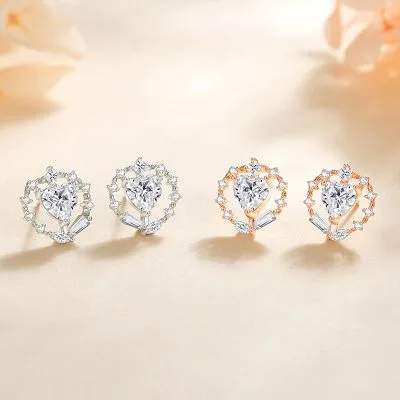 Bông Tai Bạc Nữ đính đá CZ Hình Trái Tim Cách điệu Catalina LILI 126265 2