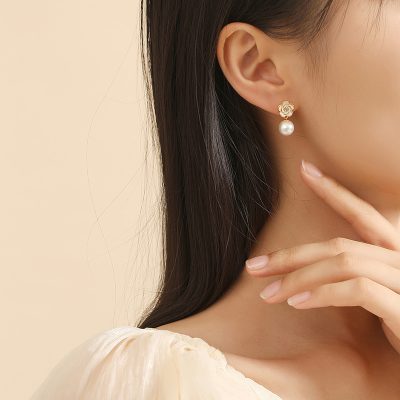 Bông Tai Bạc Nữ đính đá CZ, Ngọc Trai Hình Bông Hoa Trà Harmony LILI 126560 3