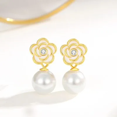 Bông Tai Bạc Nữ đính đá CZ, Ngọc Trai Hình Bông Hoa Trà Harmony LILI 126560 5