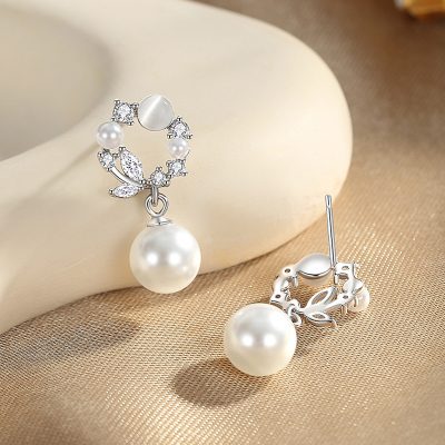 Bông Tai Bạc Nữ đính đá CZ, Ngọc Trai Hình Vòng Hoa Vera LILI 126644 4