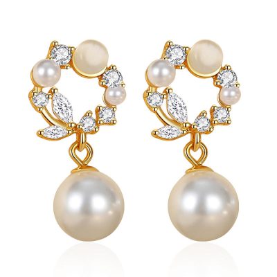 Bông Tai Bạc Nữ đính đá CZ, Ngọc Trai Hình Vòng Hoa Vera LILI 126644 5