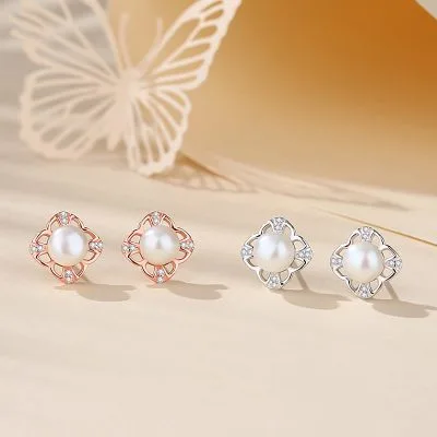 Bông Tai Bạc Nữ đính đá CZ, Ngọc Trai Tròn Cách điệu Juliana LILI 126601 1