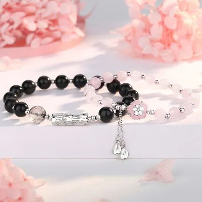 Lắc Tay Bạc Cặp đôi đính đá Obisidian Hình Hoa Anh đào Sakura LILI 125147 1