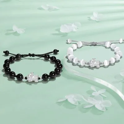 Lắc Tay Bạc đôi đính đá Mắt Mèo, Obsidian Tỳ Hưu May Mắn Eliana LILI 125122 1