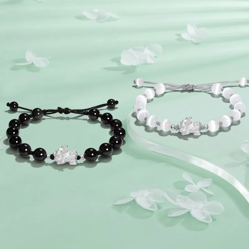 Lắc Tay Bạc đôi đính đá Mắt Mèo, Obsidian Tỳ Hưu May Mắn Eliana LILI 125122 1