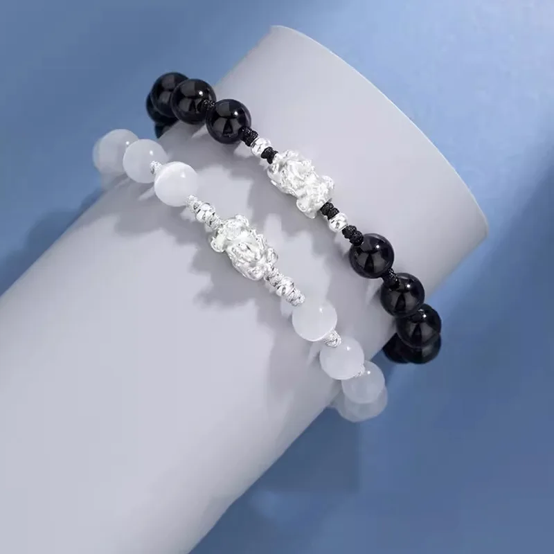 Lắc Tay Bạc đôi đính đá Mắt Mèo, Obsidian Tỳ Hưu May Mắn Eliana LILI 125122 2