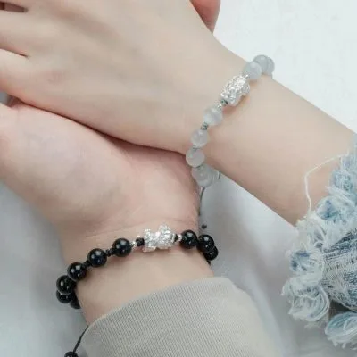 Lắc Tay Bạc đôi đính đá Mắt Mèo, Obsidian Tỳ Hưu May Mắn Eliana LILI 125122 3