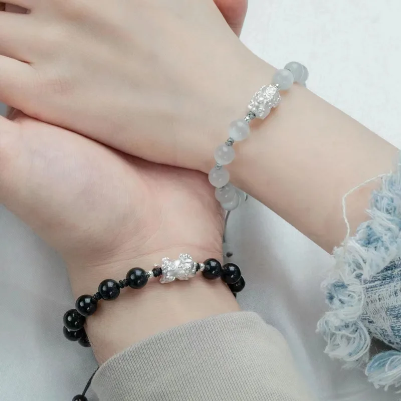 Lắc Tay Bạc đôi đính đá Mắt Mèo, Obsidian Tỳ Hưu May Mắn Eliana LILI 125122 3