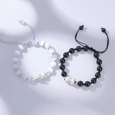 Lắc Tay Bạc đôi đính đá Mắt Mèo, Obsidian Tỳ Hưu May Mắn Eliana LILI 125122 4