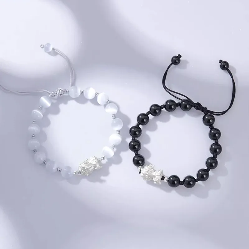 Lắc Tay Bạc đôi đính đá Mắt Mèo, Obsidian Tỳ Hưu May Mắn Eliana LILI 125122 4