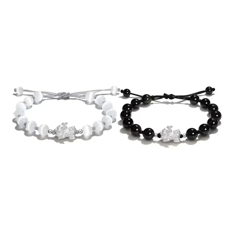 Lắc Tay Bạc đôi đính đá Mắt Mèo, Obsidian Tỳ Hưu May Mắn Eliana LILI 125122 5