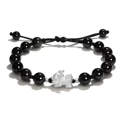 Lắc Tay Bạc đôi đính đá Mắt Mèo, Obsidian Tỳ Hưu May Mắn Eliana LILI 125122 6