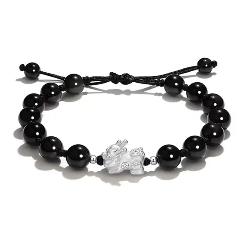 Lắc Tay Bạc đôi đính đá Mắt Mèo, Obsidian Tỳ Hưu May Mắn Eliana LILI 125122 6