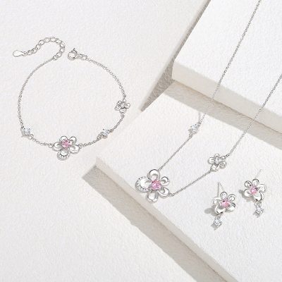 Lắc Tay Bạc Nữ đính đá CZ Hình Bông Hoa đào Camille LILI 126791 2