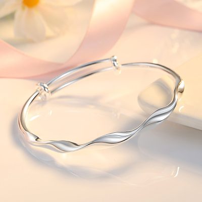 Vòng Tay Bạc đặc Nữ Trơn Dạng Sóng Nước Lyn LILI 135161 07