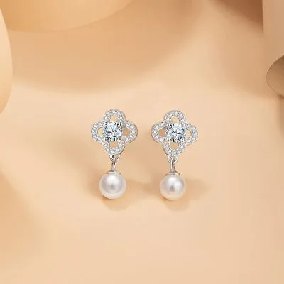 Bông Tai Bạc Nữ đính đá CZ, Ngọc Trai Cỏ 4 Lá Blair LILI 160000 1