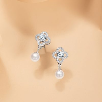 Bông Tai Bạc Nữ đính đá CZ, Ngọc Trai Cỏ 4 Lá Blair LILI 160000 4