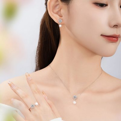 Bông Tai Bạc Nữ đính đá CZ, Ngọc Trai Cỏ 4 Lá Blair LILI 160000 6