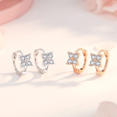 Bông Tai Bạc Nữ Tròn đính đá CZ Hình Cỏ 4 Lá Marley LILI 160274 3