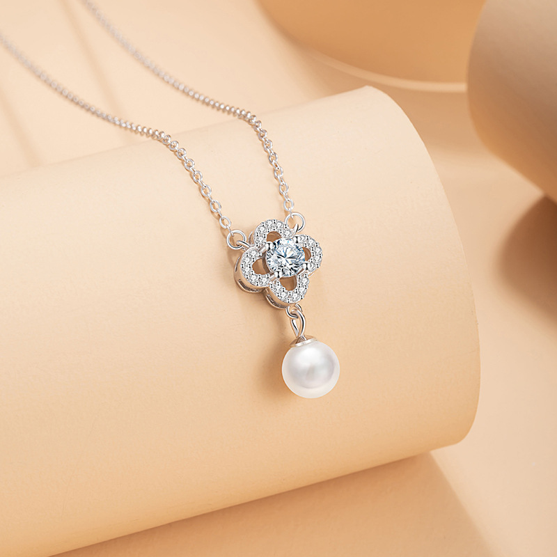 Dây Chuyền Bạc Nữ đính đá CZ, Ngọc Trai Cỏ 4 Lá Elliana LILI 159561 4