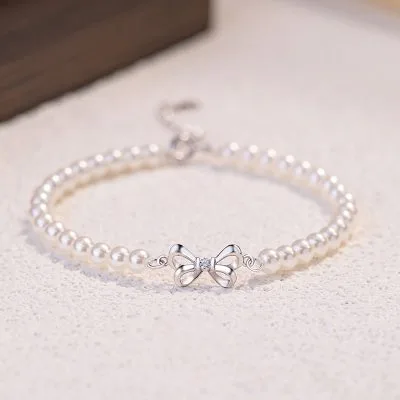 Lắc Tay Bạc Nữ đính đá CZ, Ngọc Trai Hình Chiếc Nơ Ellie LILI 158820 1