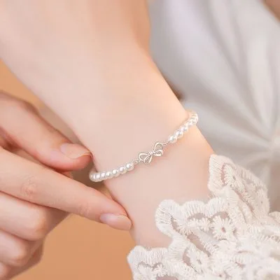 Lắc Tay Bạc Nữ đính đá CZ, Ngọc Trai Hình Chiếc Nơ Ellie LILI 158820 4