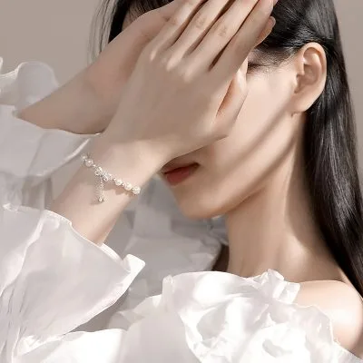 Lắc Tay Bạc Nữ đính đá CZ, Ngọc Trai Hình Chiếc Nơ Julieta LILI 160706 2