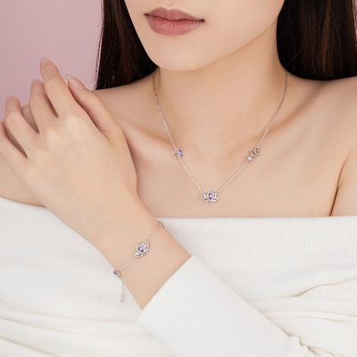Lắc Tay Bạc Nữ đính đá CZ Hình Bông Hoa Sen Journee LILI 166104 6