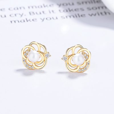 Bông Tai Bạc Nữ đính đá CZ Hình Hoa Trà Lucille LILI 173371 2