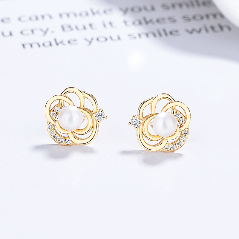 Bông Tai Bạc Nữ đính đá CZ Hình Hoa Trà Lucille LILI 173371 2