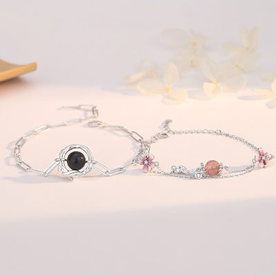Lắc Tay Bạc Cặp đôi đính đá Obsidian Hoa Anh đào Rosalina LILI 173942 1