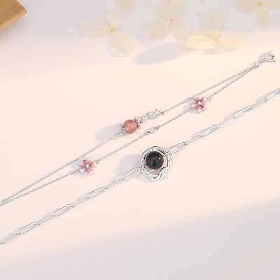 Lắc Tay Bạc Cặp đôi đính đá Obsidian Hoa Anh đào Rosalina LILI 173942 4